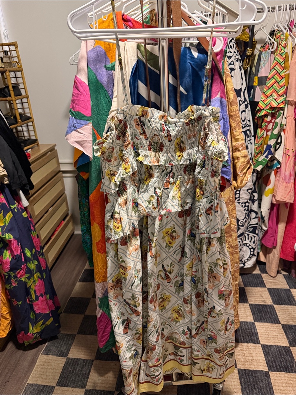 Anthropologie Floral Tiered Maxi Dress in Ivory with Yellow & Green Accents